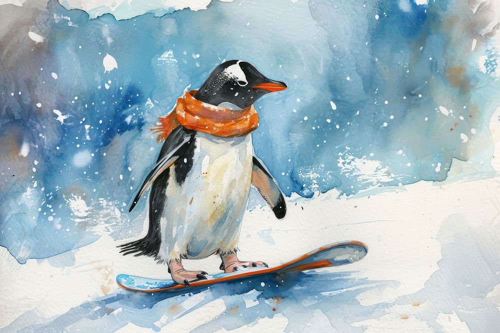 Penguin playing snowboard outdoors animal winter. AI generated Image by rawpixel.