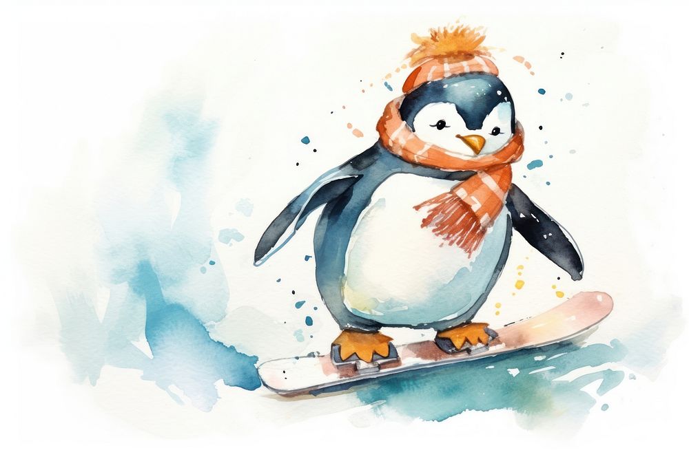 Penguin playing snowboard animal nature winter. AI generated Image by rawpixel.