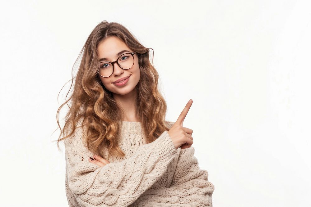 Woman over pointing to the side portrait glasses sweater.