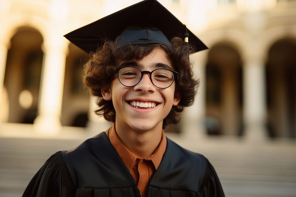 Hispanic boy graduation portrait glasses. 