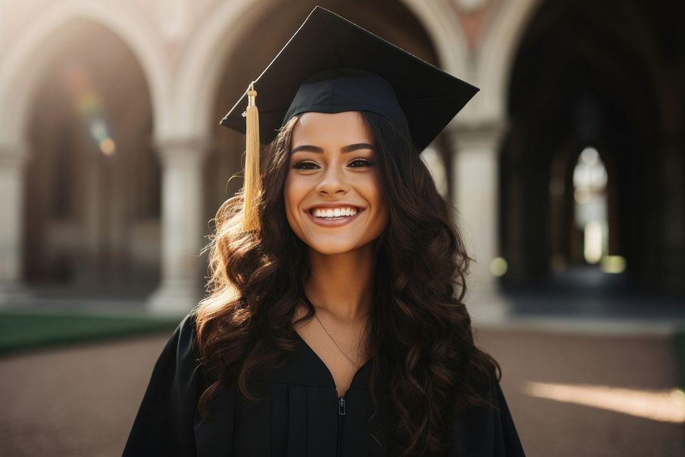 Hispanic woman graduation portrait student. 