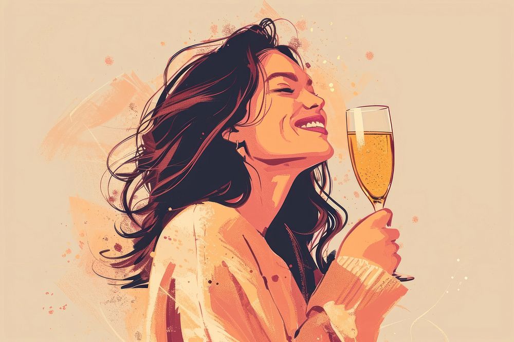  Woman looking away and smiling with champagne glass drink adult. AI generated Image by rawpixel.