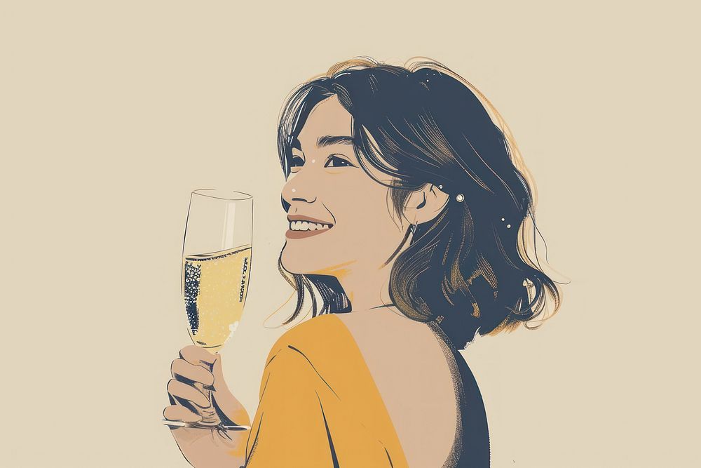  Woman looking away and smiling with champagne drinking portrait glass. AI generated Image by rawpixel.