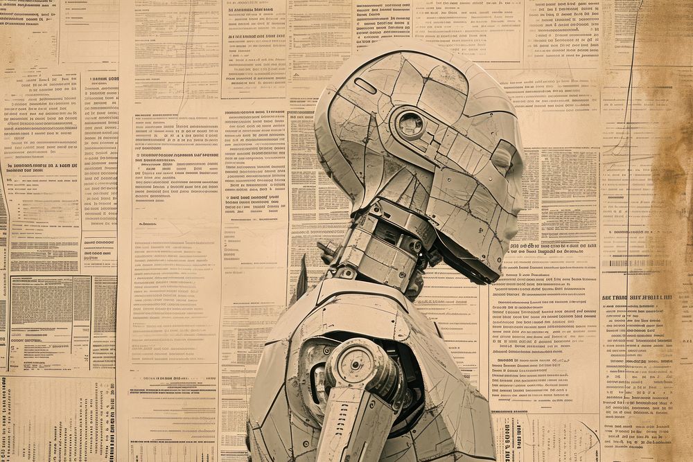 AI Cyborg Man technology newspaper drawing.