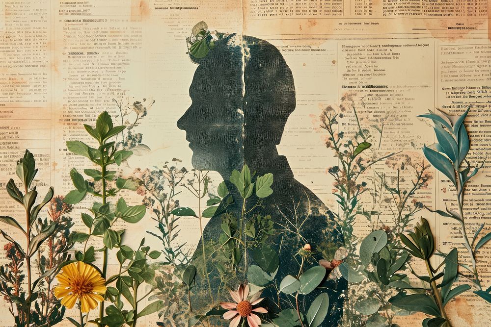Man ephemera border background painting collage flower.