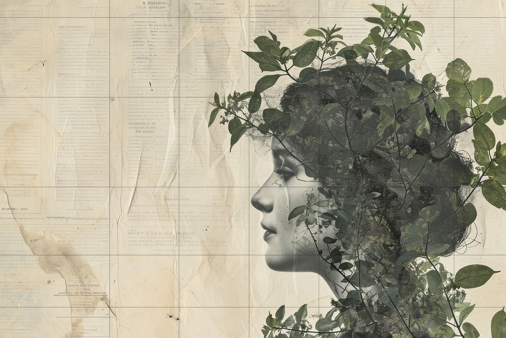 Woman ephemera border background portrait drawing plant.