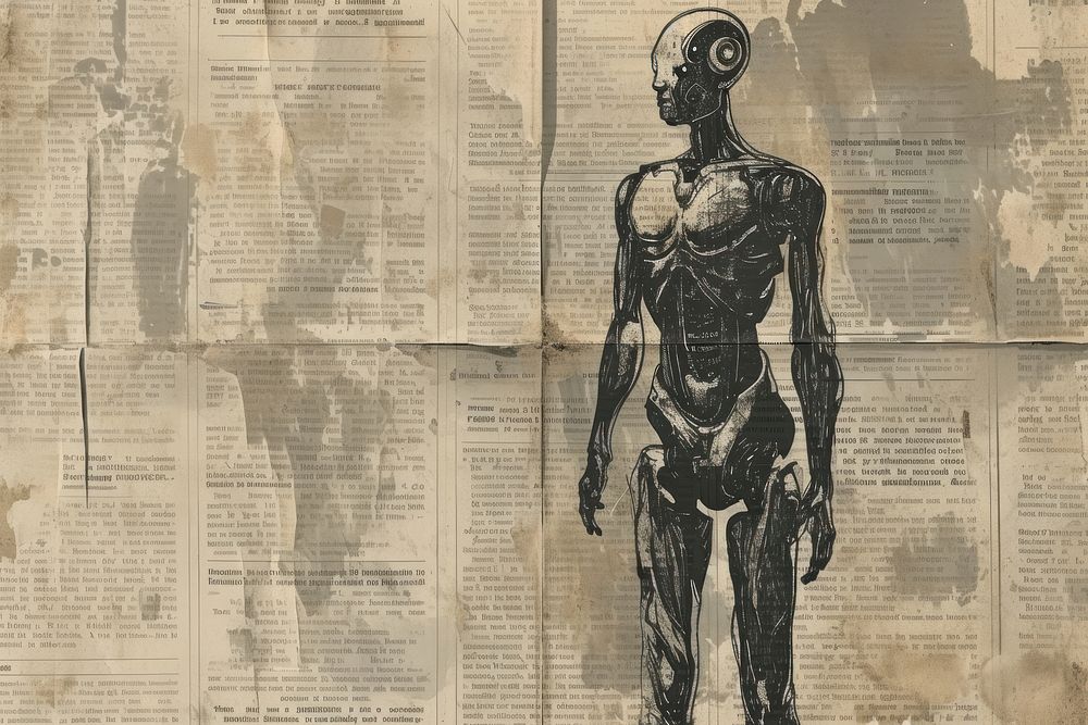 AI Cyborg Man newspaper drawing sketch.