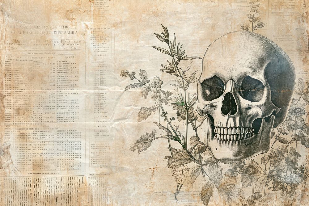 Skull ephemera border background painting plant text.
