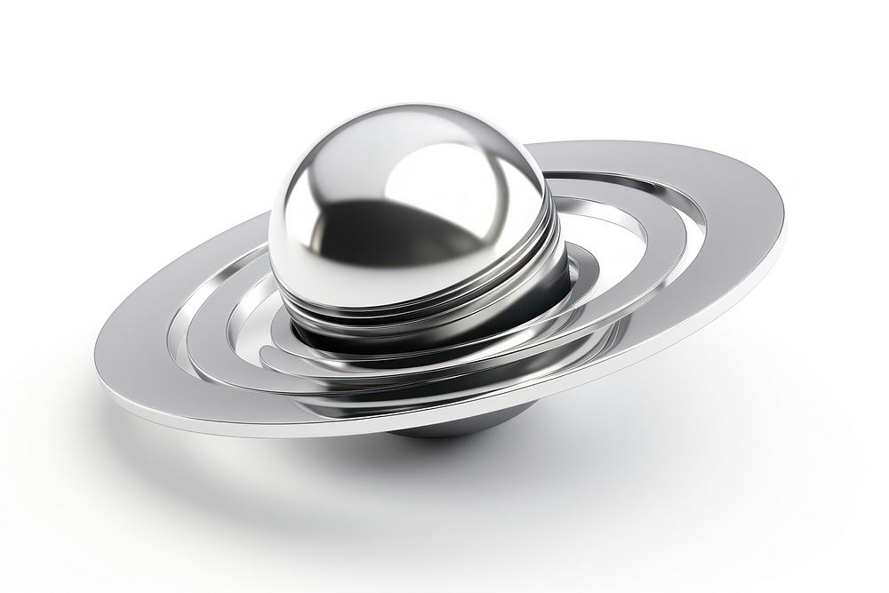 Saturn Chrome material sphere silver white background.