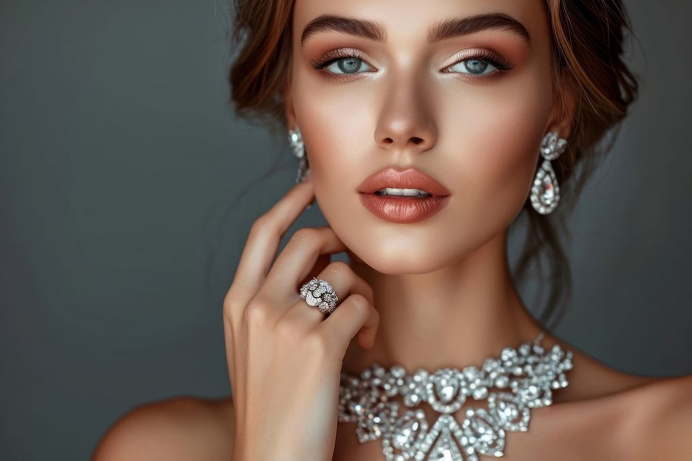 Beautiful girl with set jewelry necklace portrait diamond.