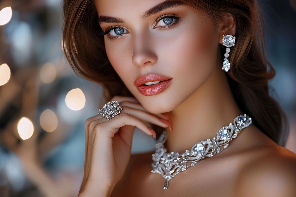 Beautiful girl with set jewelry necklace diamond earring.