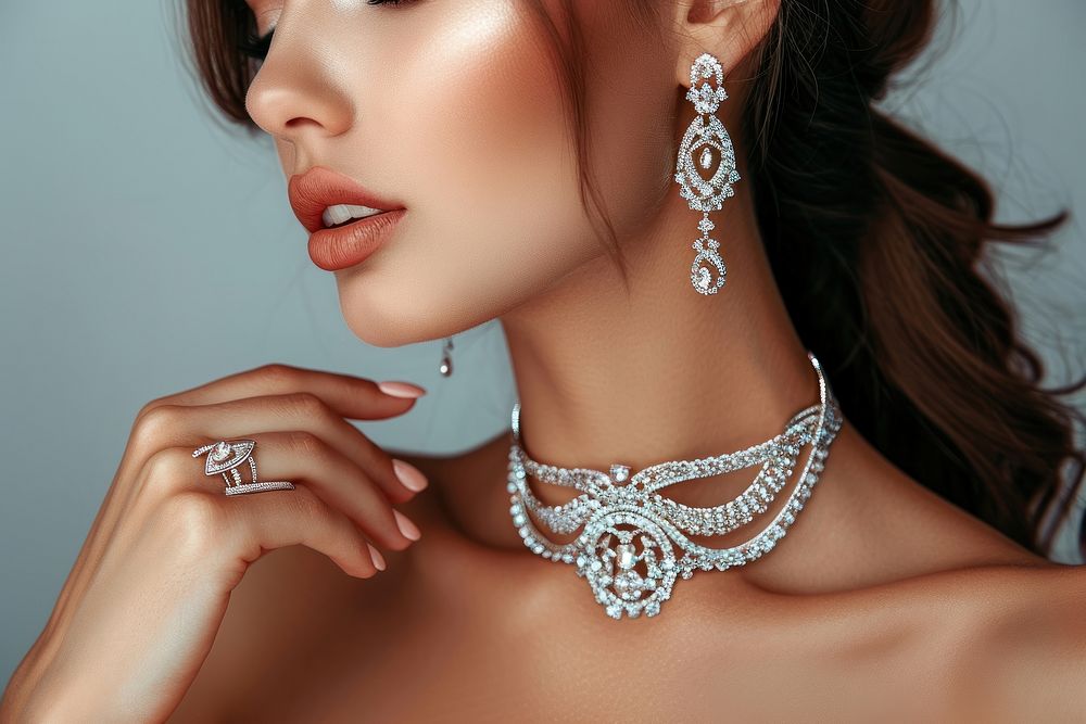 Beautiful girl with set jewelry necklace earring bracelet.