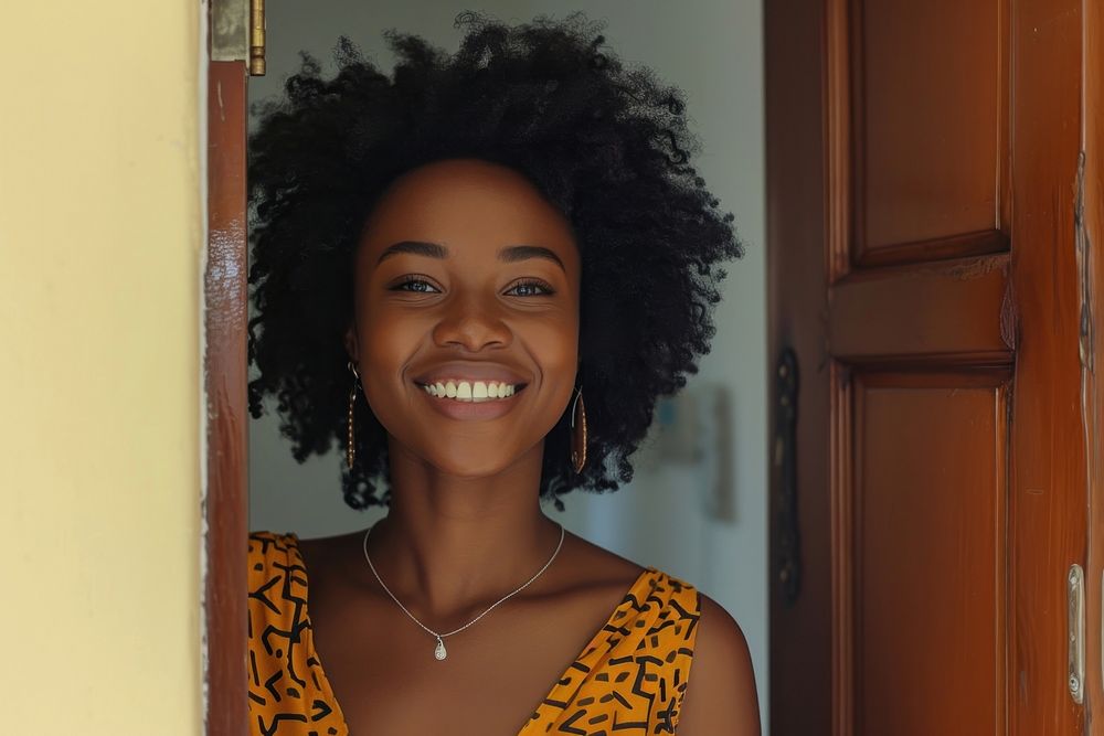 Woman Opening Door standing cheerful Free Photo - rawpixel