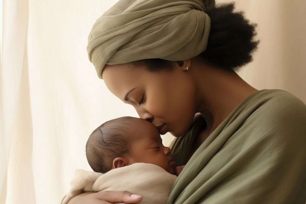 African american mother kissing her little baby portrait newborn adult. AI generated Image by rawpixel.