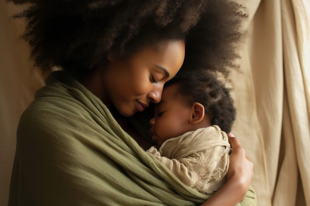 African american mother kissing her little baby portrait hugging photo. AI generated Image by rawpixel.