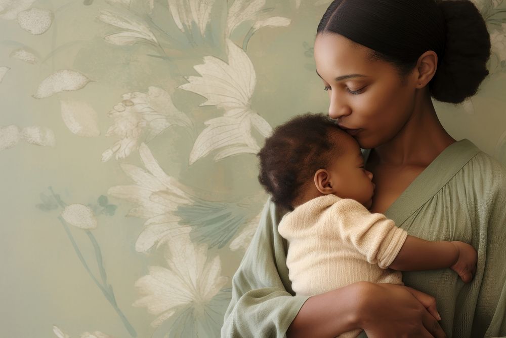 African american mother kissing her little baby wallpaper portrait newborn. AI generated Image by rawpixel.