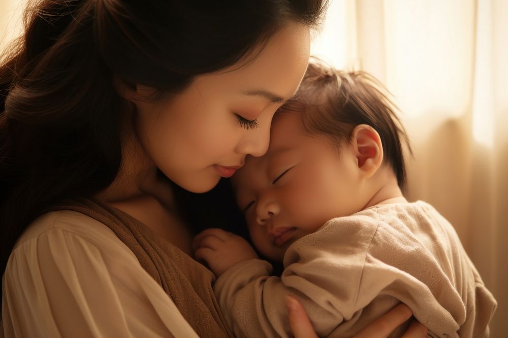 Asian mother kissing her little baby sleeping portrait newborn. AI generated Image by rawpixel.