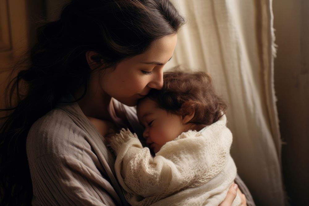 British mother kissing her little baby portrait newborn photo. AI generated Image by rawpixel.