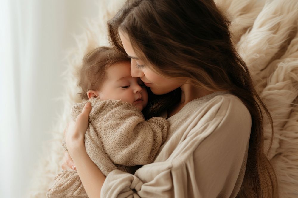 British mother kissing her little baby portrait hugging blanket. AI generated Image by rawpixel.