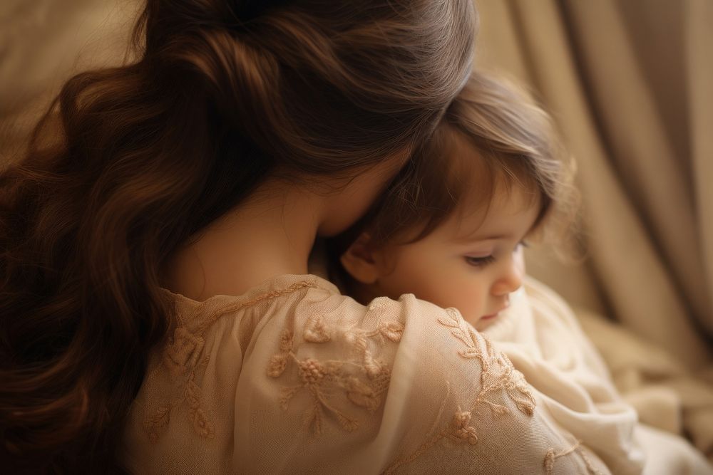 Baby girl sleep on her mother shoulder portrait photo contemplation. AI generated Image by rawpixel.