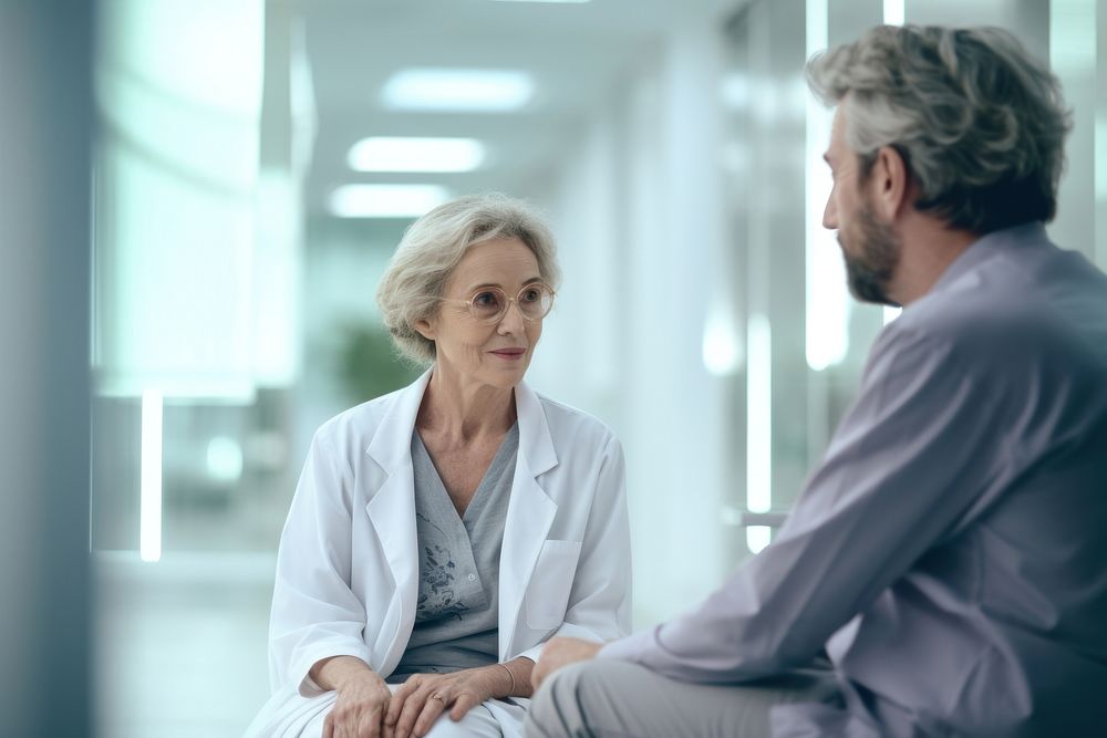 Doctor and senior woman patient hospital talking sitting. AI generated Image by rawpixel.