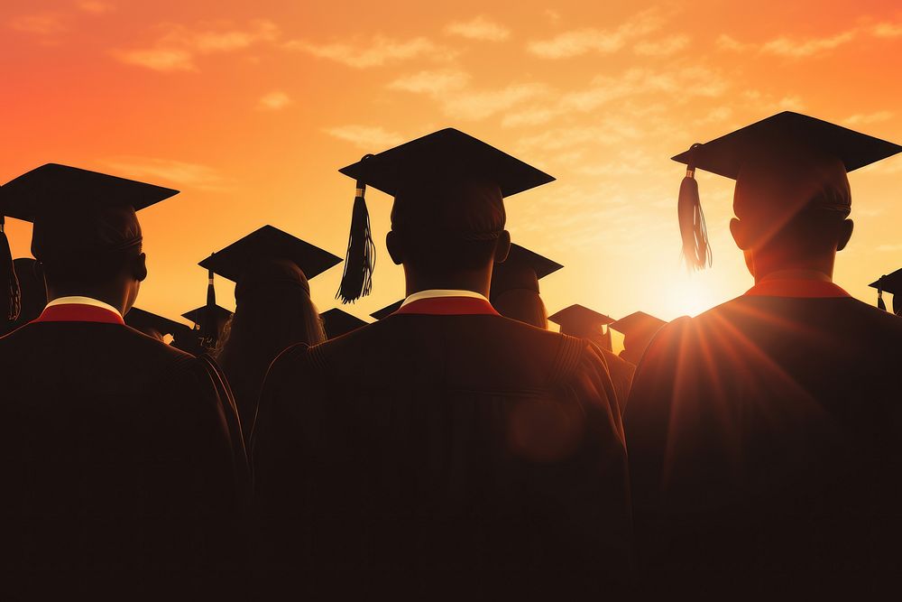 Students with graduate caps silhouette graduation outdoors. AI generated Image by rawpixel.