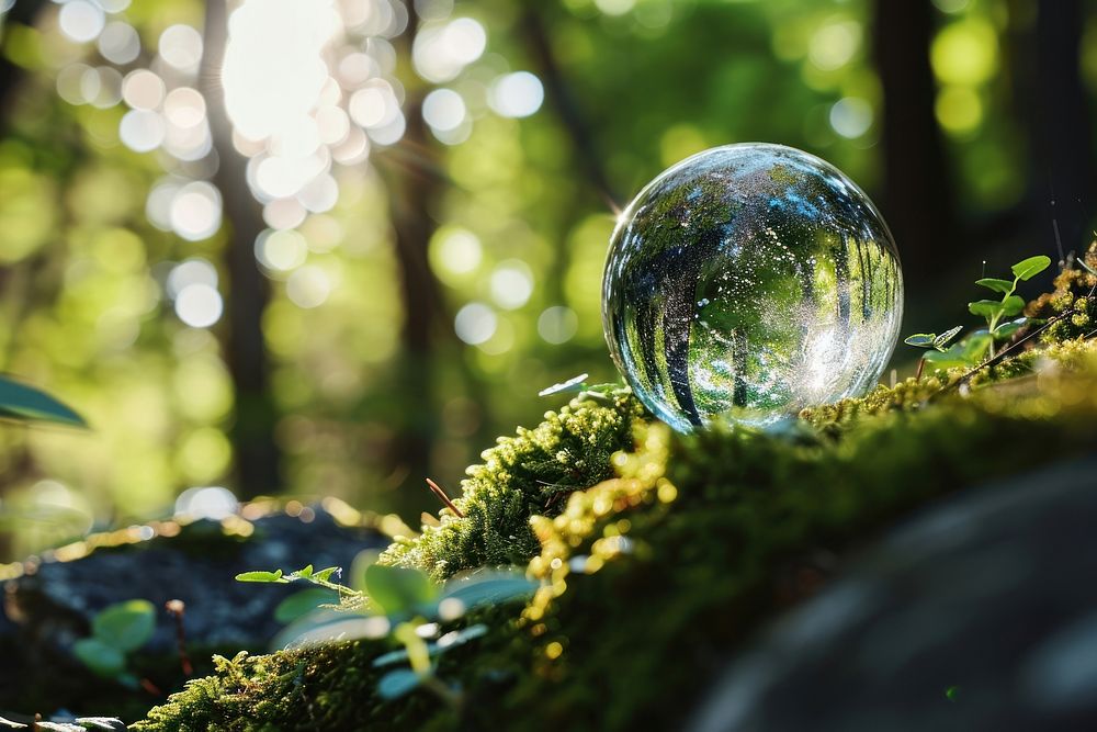 Crystal ball with green moss forest outdoors woodland. AI generated Image by rawpixel.