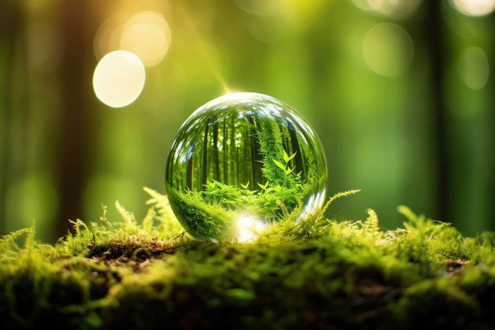 Crystal ball with green moss outdoors sphere nature