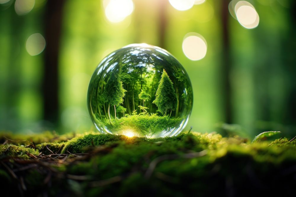 Crystal ball with green moss outdoors nature forest. AI generated Image by rawpixel.