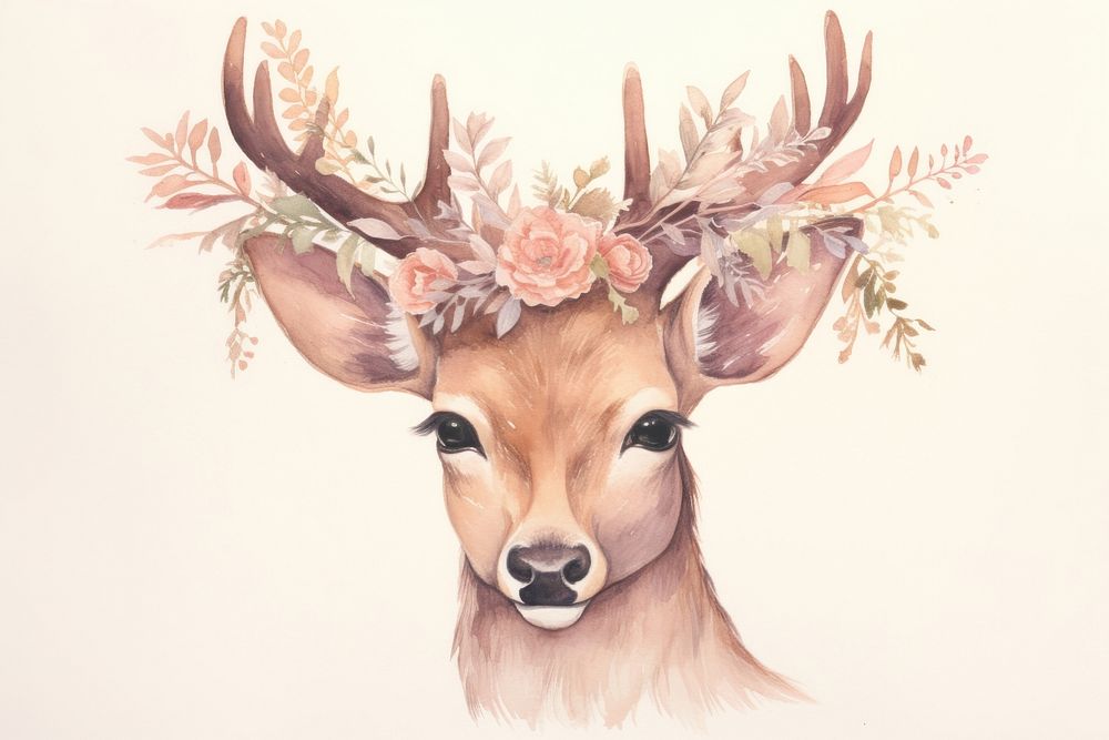 Deer with flower crown portrait drawing antler. AI generated Image by rawpixel.