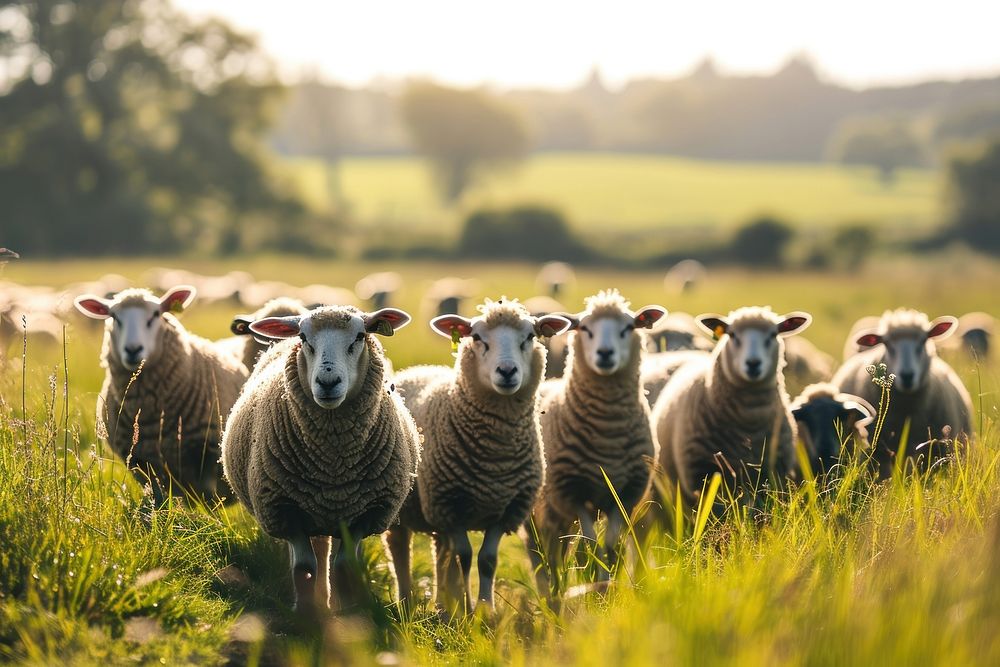 Sheep in a row in a field grassland livestock outdoors. AI generated Image by rawpixel.