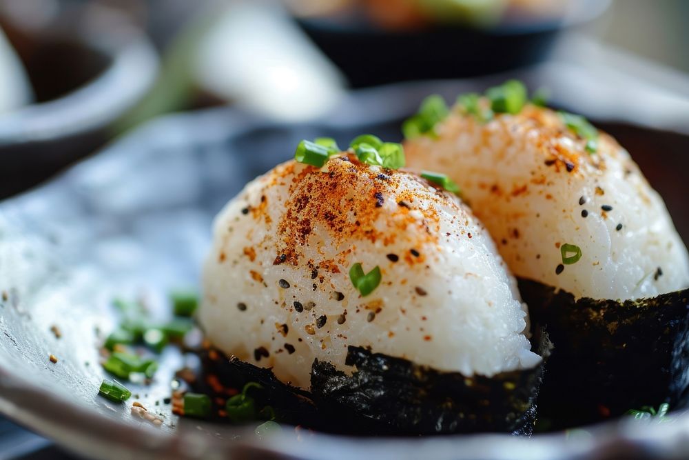 Extreme close up of Onigiri food meal dish.