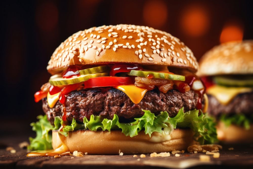 Extreme close up of Burger food burger table.