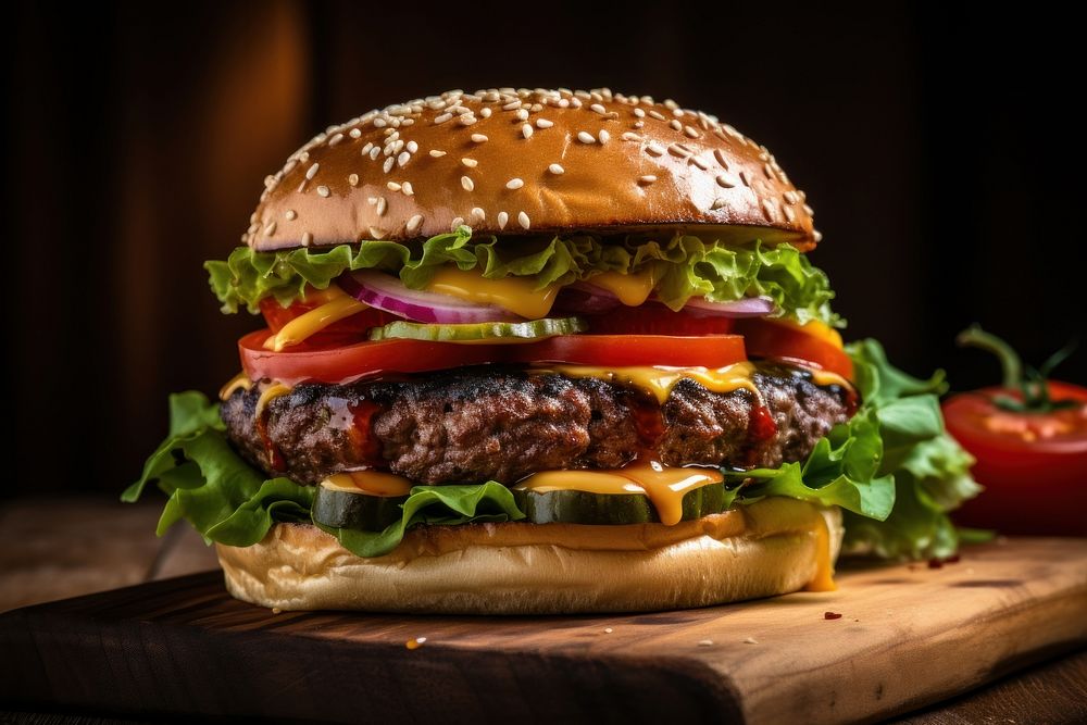 Extreme close up of Burger food burger table.