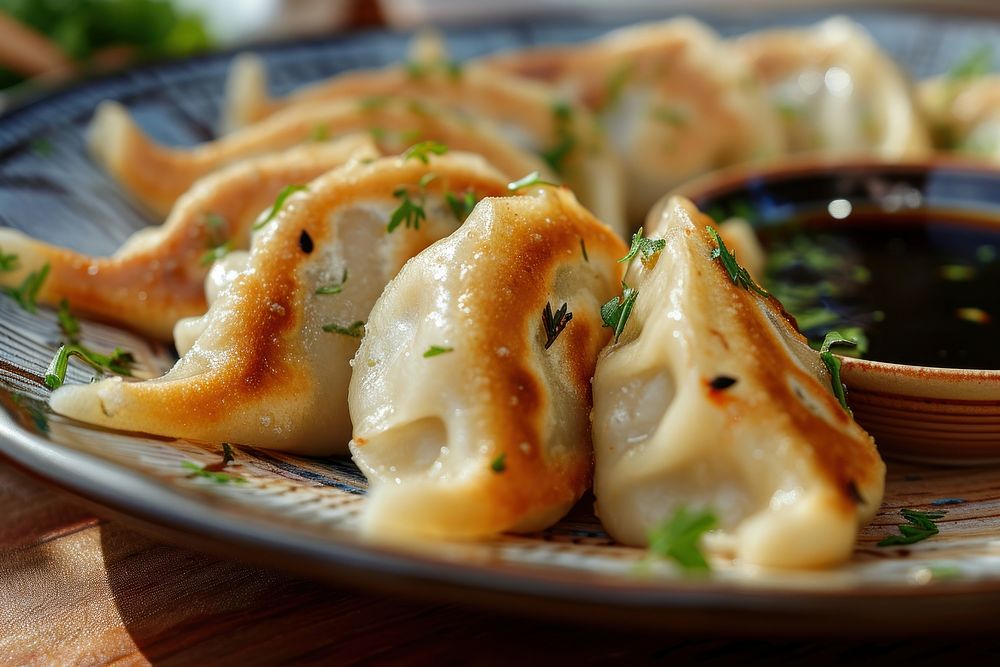 Extreme close up of Dumplings dumpling food plate.