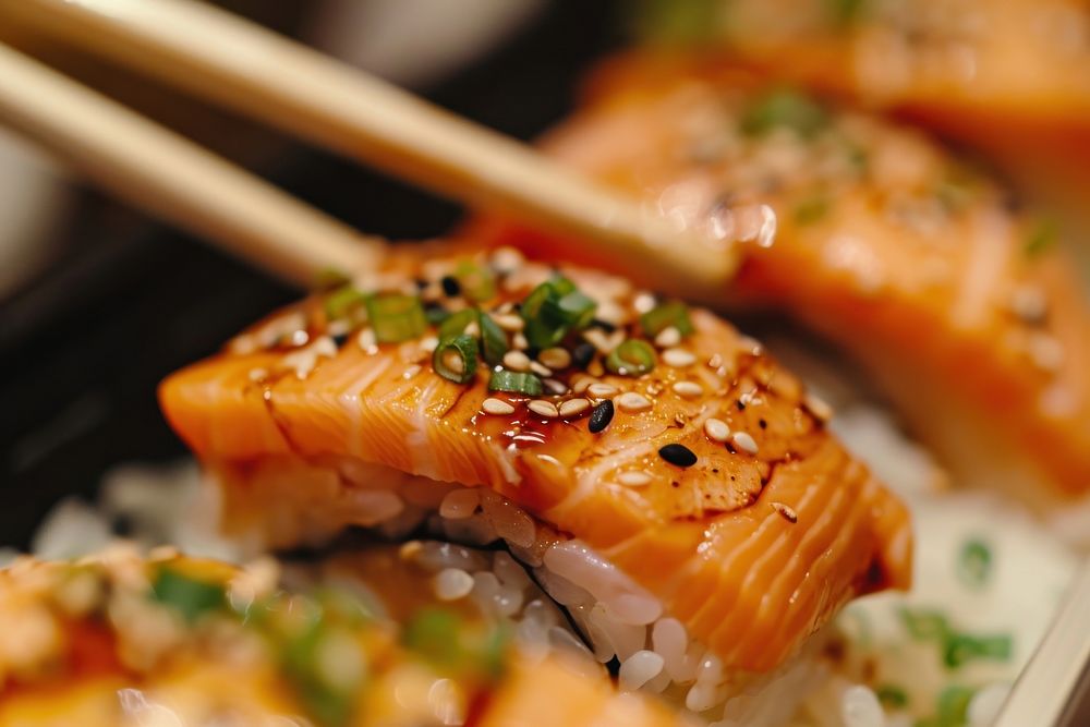 Extreme close up of Japanese cuisine food seafood salmon.