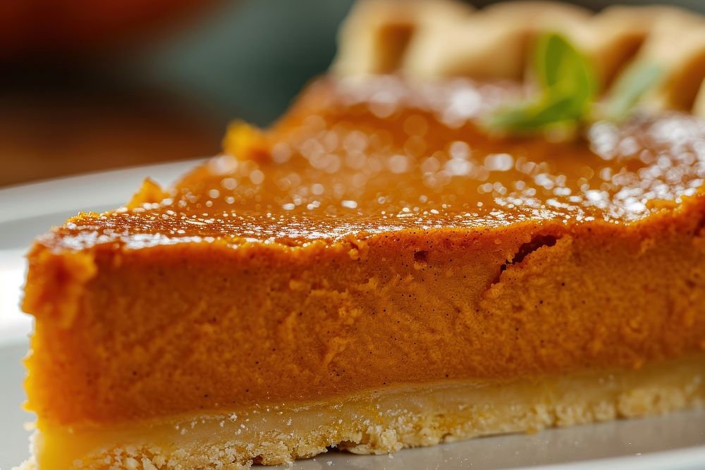 Extreme close up of Pumpkin pie food cheesecake dessert.