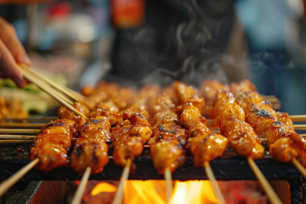 Extreme close up of Street food grilling cooking street food.