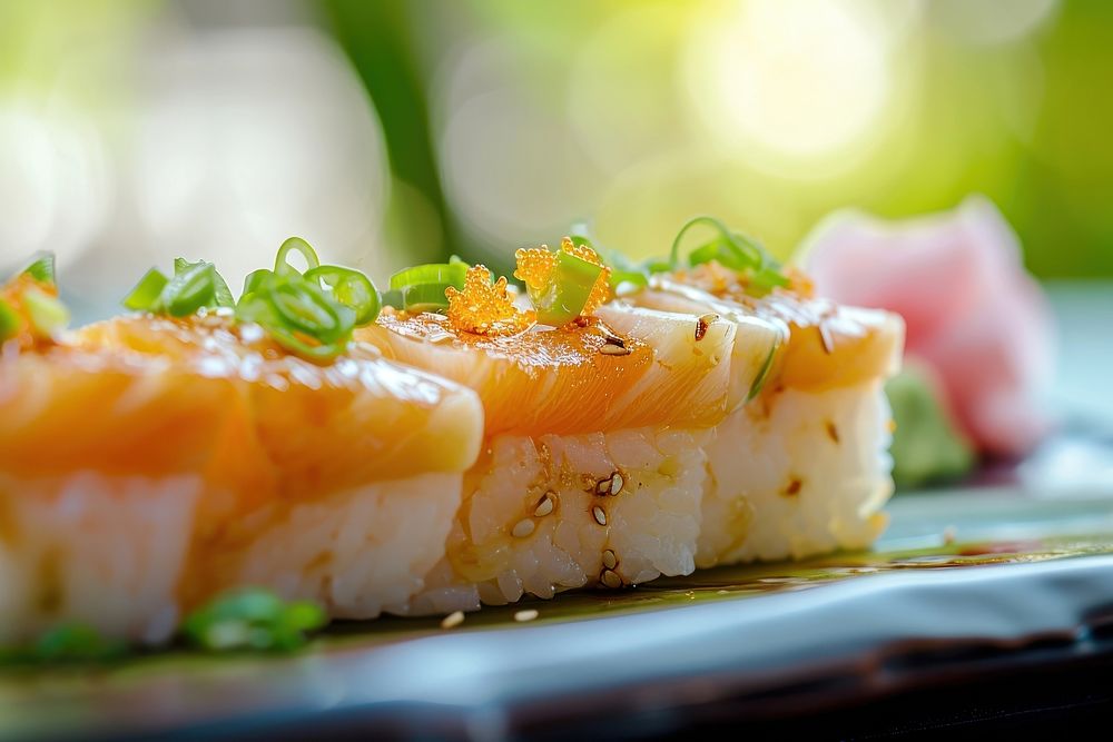 Extreme close up of Sushi sushi food seafood.