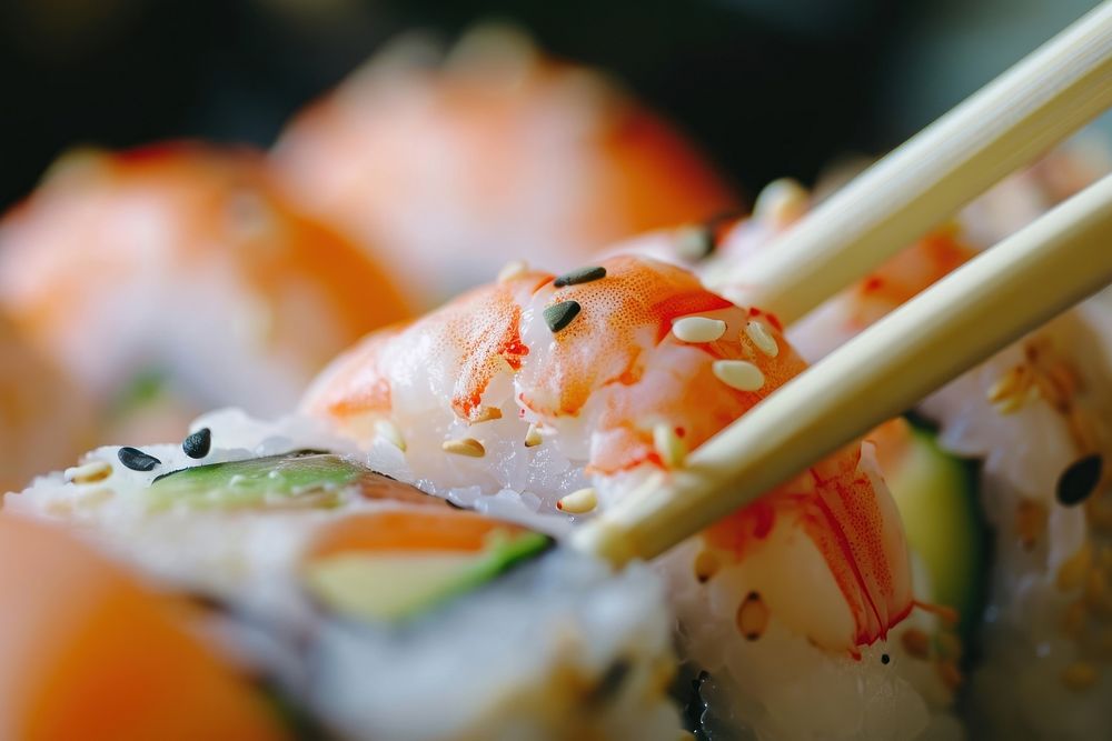 Extreme close up of Sushi food chopsticks sushi.