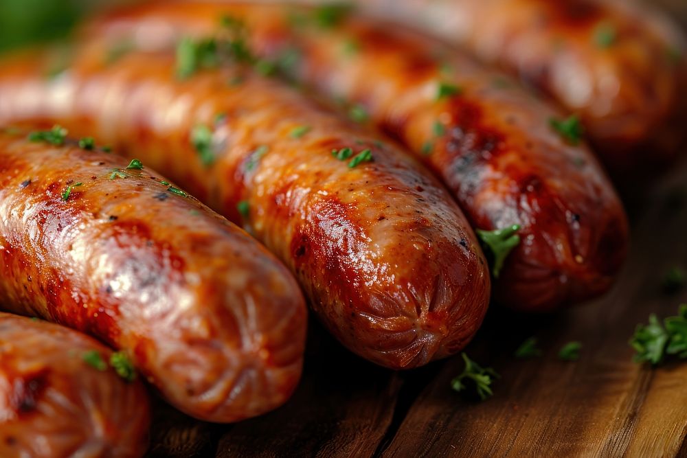 Extreme close up of Sausage food sausage meat.