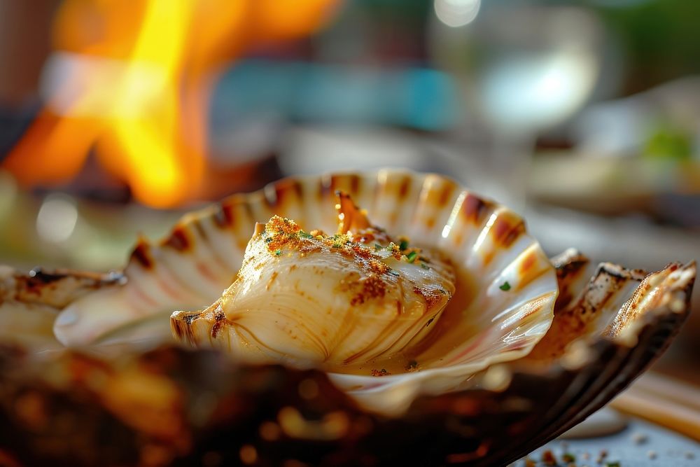 Extreme close up of Sea shell food seafood table.