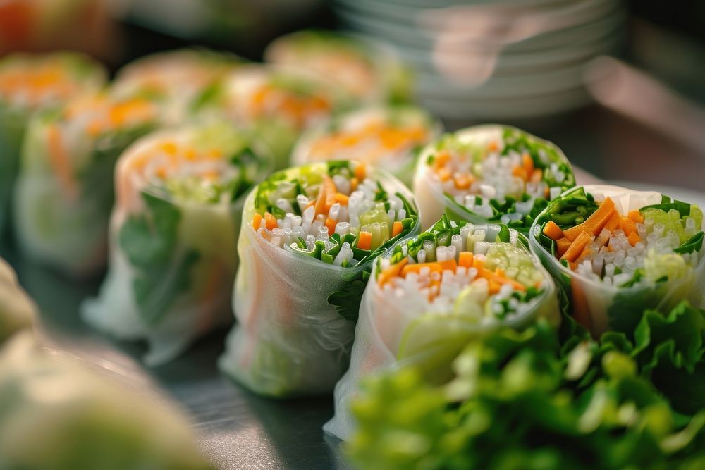 Extreme close up of Spring rolls food sushi meal.