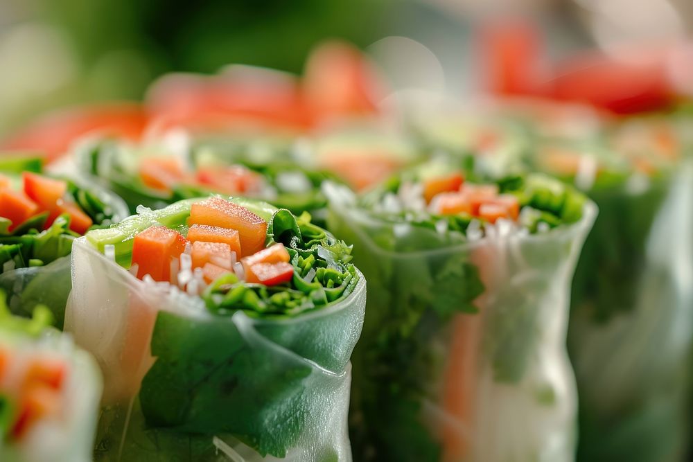 Extreme close up of Spring rolls food salad sushi.