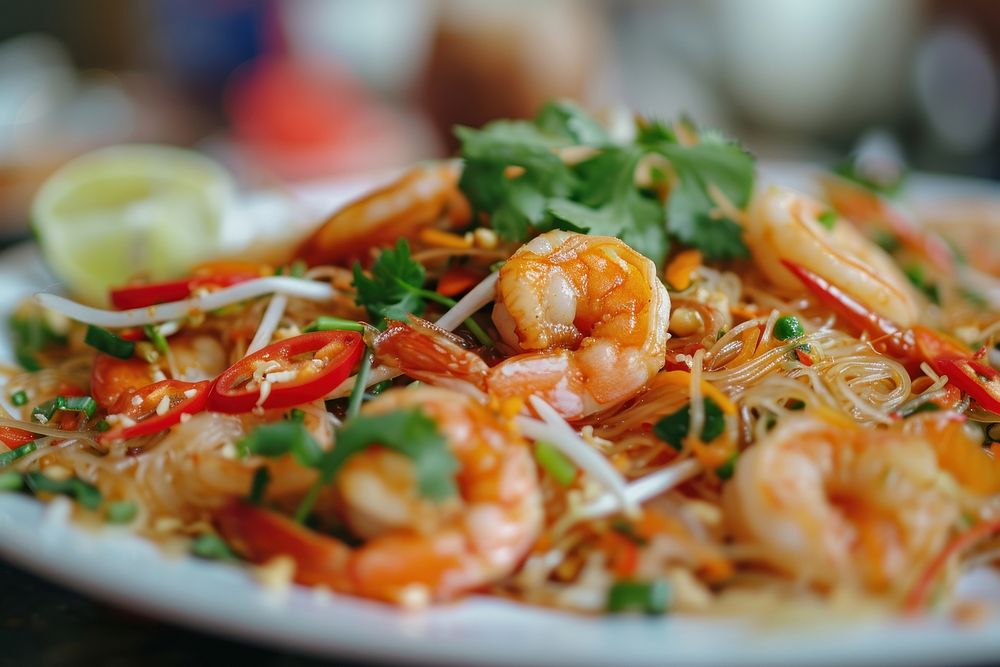 Extreme close up of Thai food restaurant seafood shrimp.