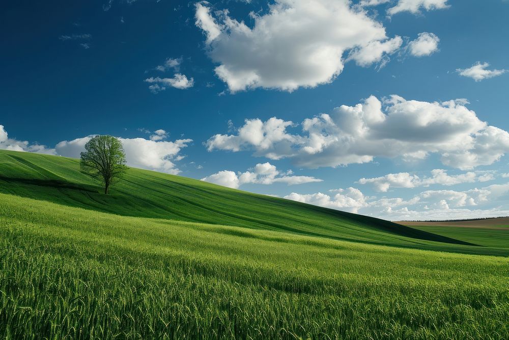 Green field green sky landscape. AI generated Image by rawpixel.