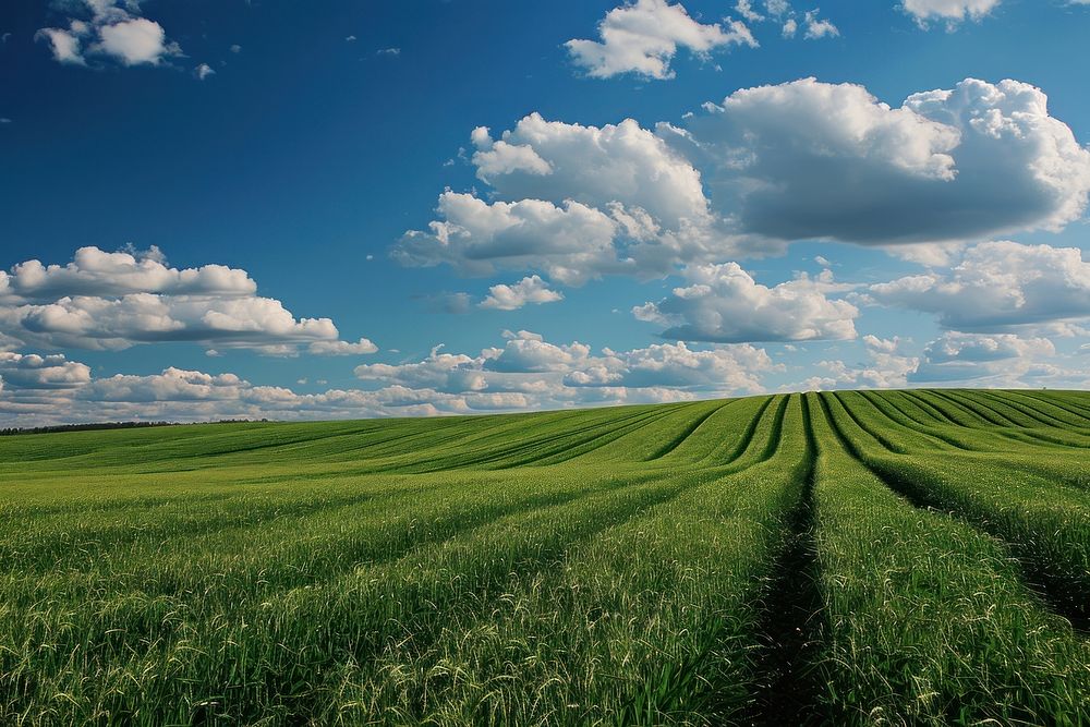  Green field sky outdoors horizon. AI generated Image by rawpixel.