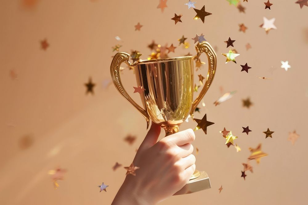  Hand holding a champion trophy hand cup achievement. AI generated Image by rawpixel.