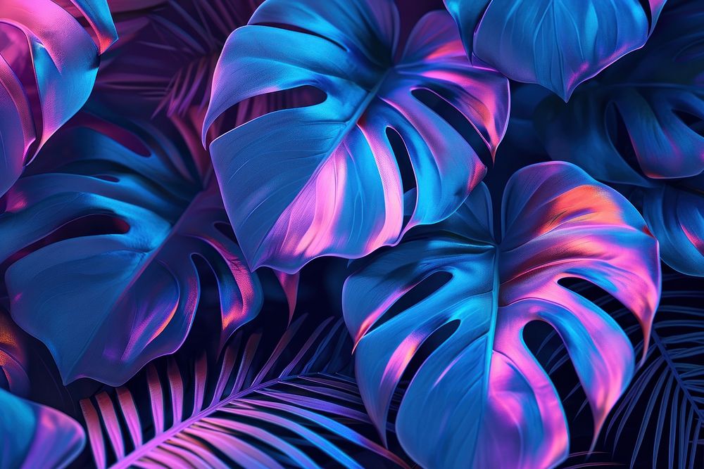 Neon Monstera deliciosa leaves pattern blue backgrounds.