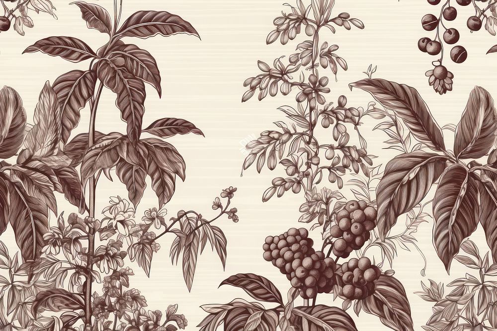Coffee plants and beans pattern drawing sketch.